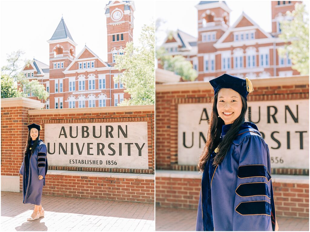 Doctorate Grad Portraits at the Auburn University sign in front of Samford Hall