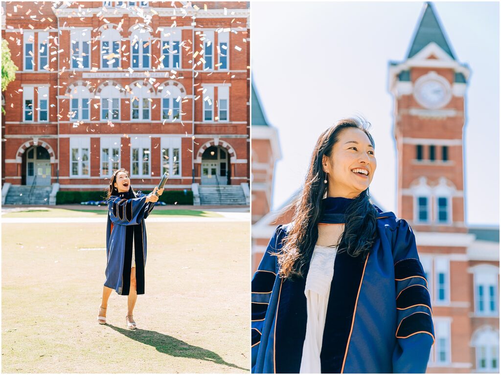 Doctorate Grad Portraits at Auburn University confetti samford lawn